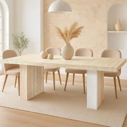 3S. x Home Table rectangulaire extensible Virzon Effet Travertin Beige et rainurage Blanc