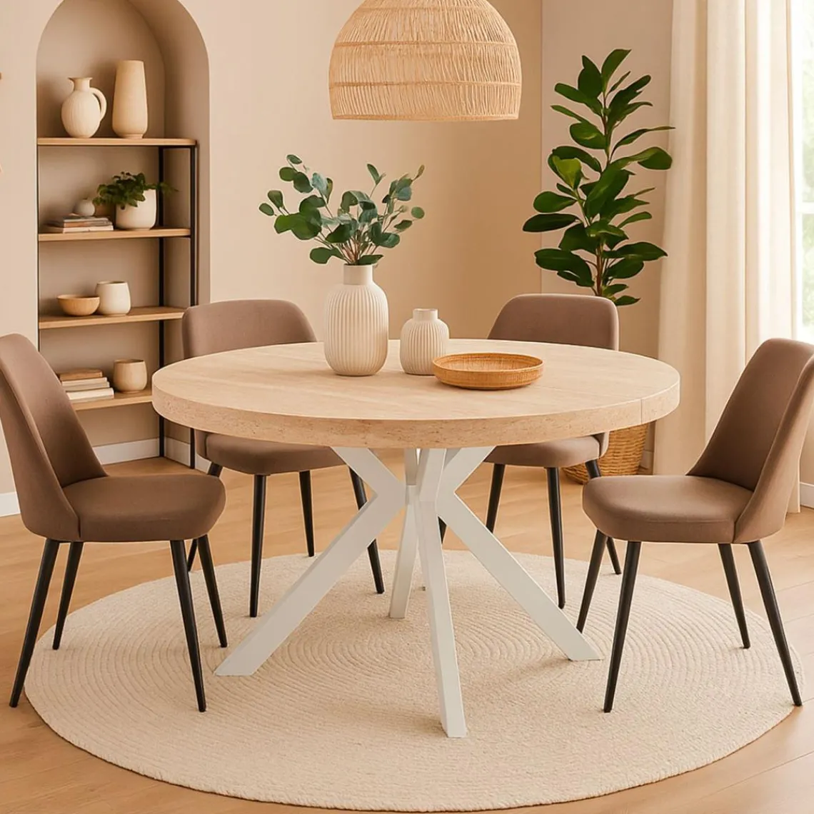 3S. x Home Table ronde extensible Myriade Effet travertin Beige et Blanc New