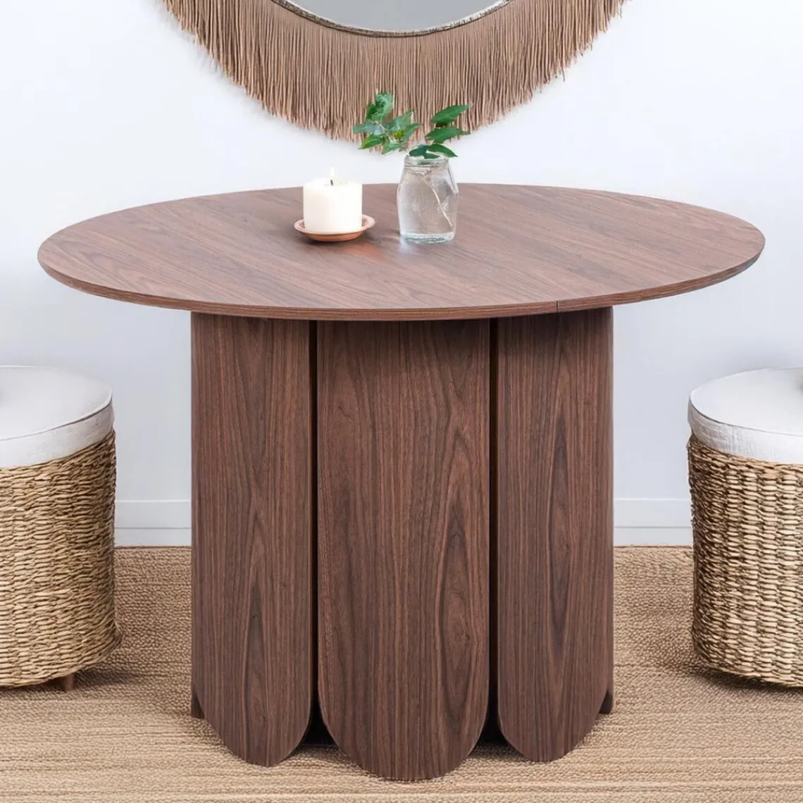 3S. x Home Table ronde style japandi extensible Tulipa rallonges intégrées Bois noisette New