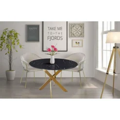 3S. x Home Table Ronde Verre Effet Marbre Noir Et Pieds Or