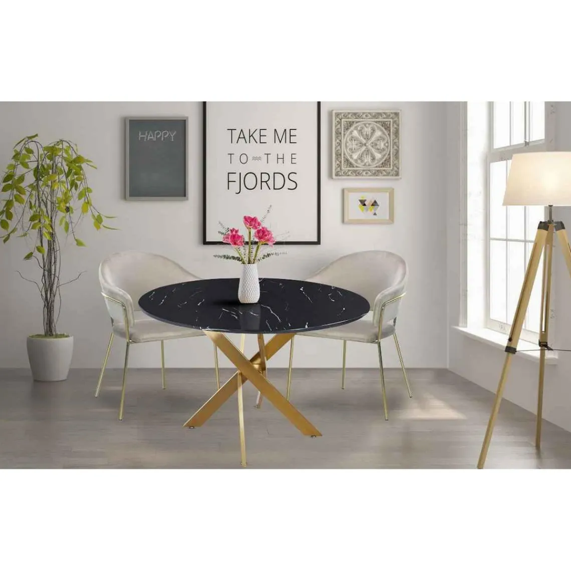 3S. x Home Table Ronde Verre Effet Marbre Noir Et Pieds Or
