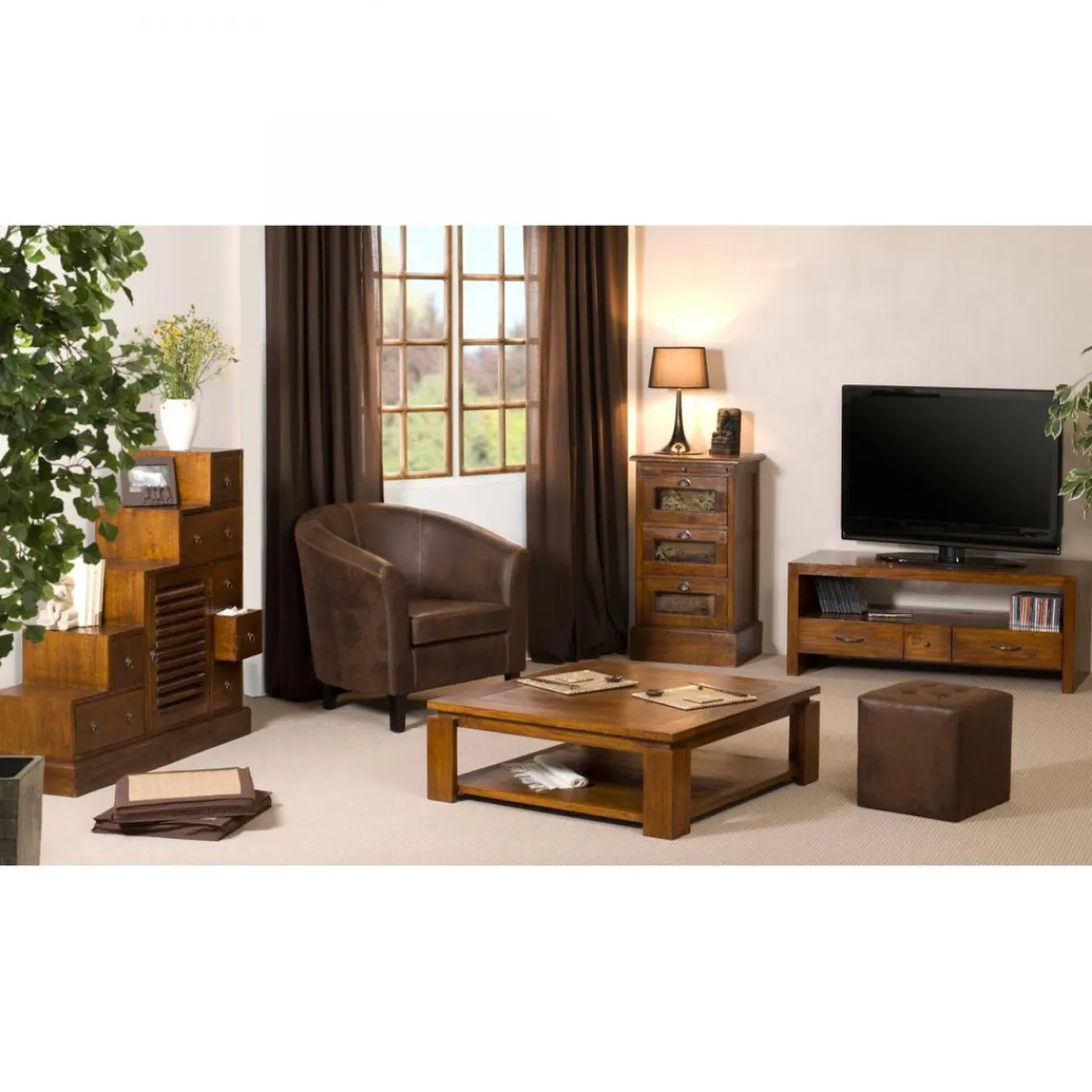 Macabane Table TV 1 niche 3 tiroirs en bois mindi New