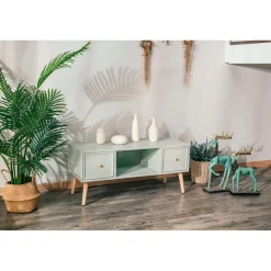3S. x Home Table TV Scandinave en Bois - 2 Tiroirs Rangement AKITA - Verte Clearance