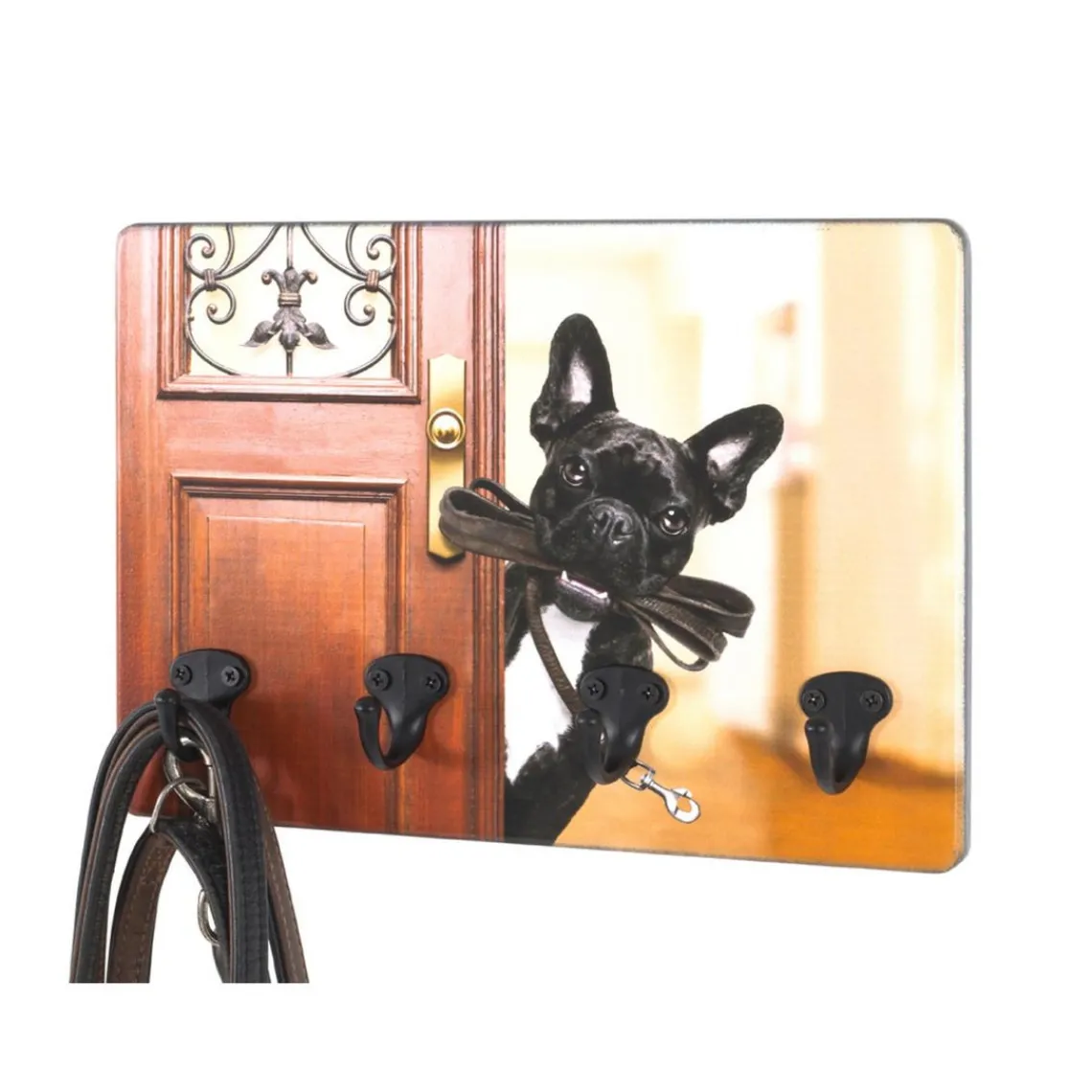 3S. x Home Tableau à clés en MDF avec impression par Ultra Violet chienet porte et 4 crochets clés en Métal laqué Noir Online