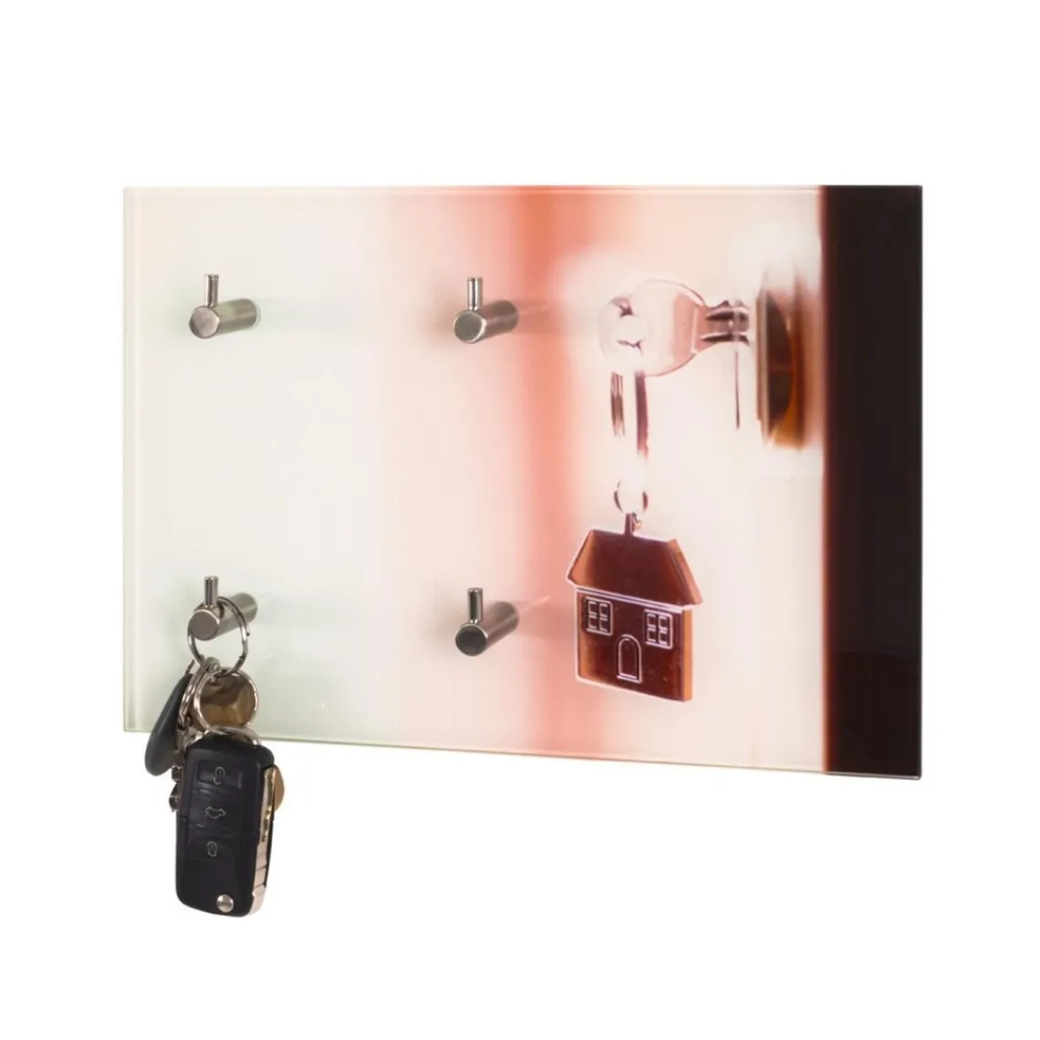 3S. x Home Tableau à clés en verre trempé avec motifs serrures imprimés et 4 crochets en optique inox Outlet