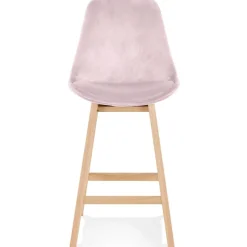 ALTEREGO Tabouret snack mi-hauteur 'MORISS MINI' en velours rose et pieds en bois naturel New