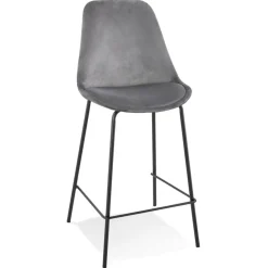 ALTEREGO Tabouret snack mi-hauteur 'SPARK MINI' en velours gris et pieds en métal noir