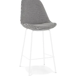 ALTEREGO Tabouret snack mi-hauteur 'SPARK MINI' en tissu pied de poule et pieds en métal blanc New