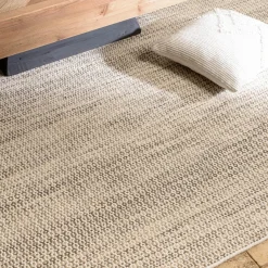 Macabane Tapis rectangulaire en laine tissée couleur blanc et kaki QUENTIN Online