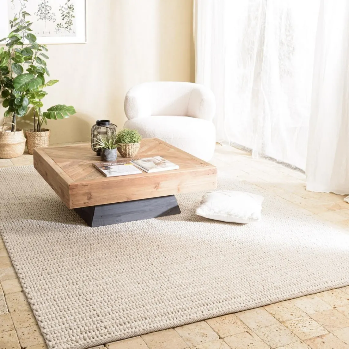 Macabane Tapis rectangulaire en laine tissée couleur beige QUENTIN Best