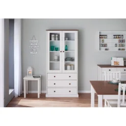 3S. x Home Vaisselier 2 portes vitrées 3 tiroirs WESTERLAND pin massif vernis blanc Hot